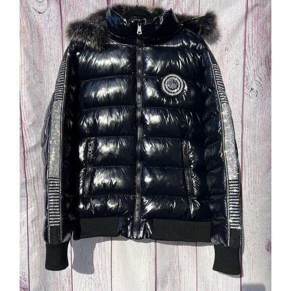 SWITCH REMARKABLE Men’s Puffer Coat Jacket Studded Insulated Fur Hood Black XL